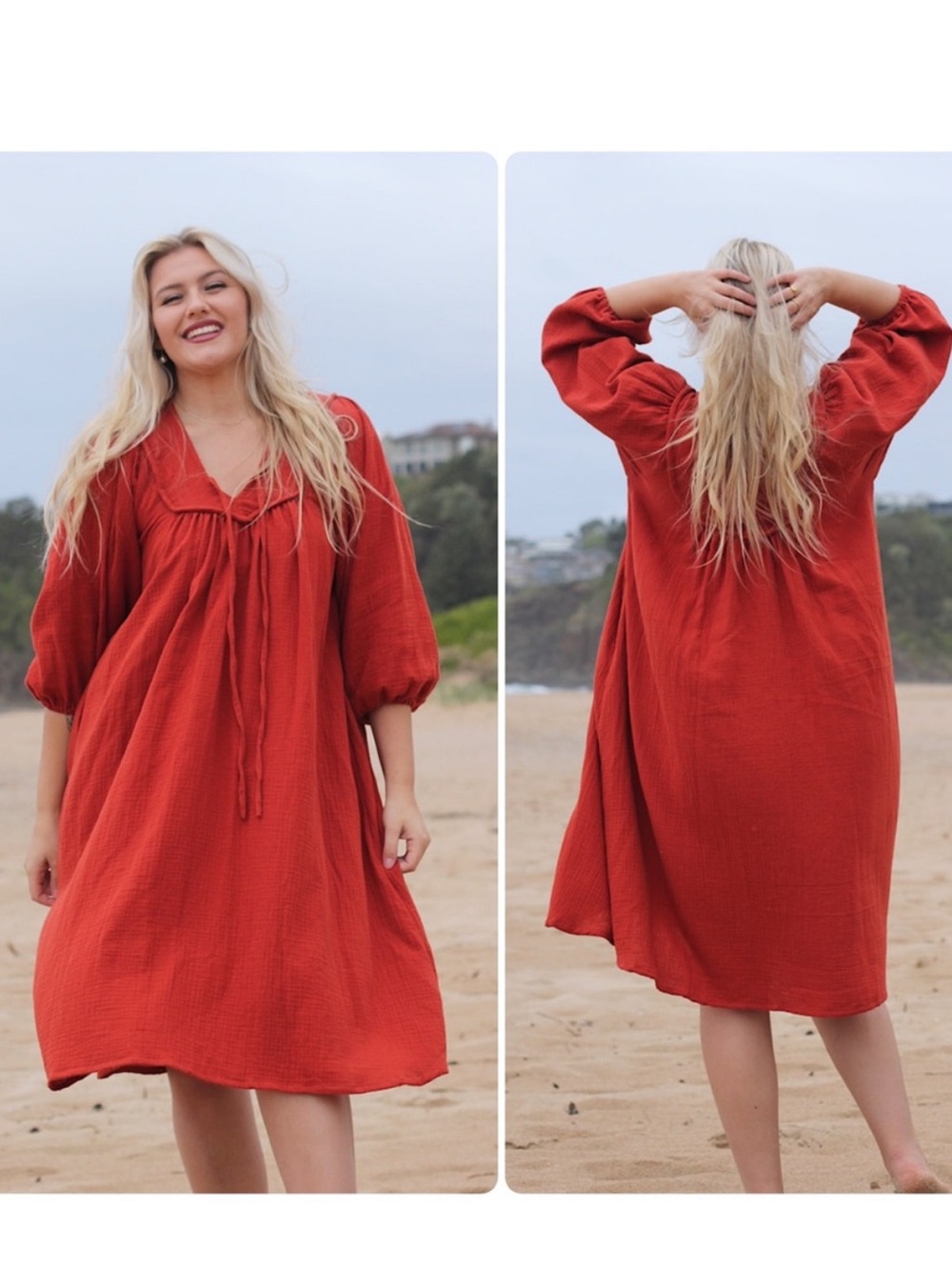 River Goddess Cotton Gauze Jai Midi Dress Size L/XL Rust Red Boho Cottagecore